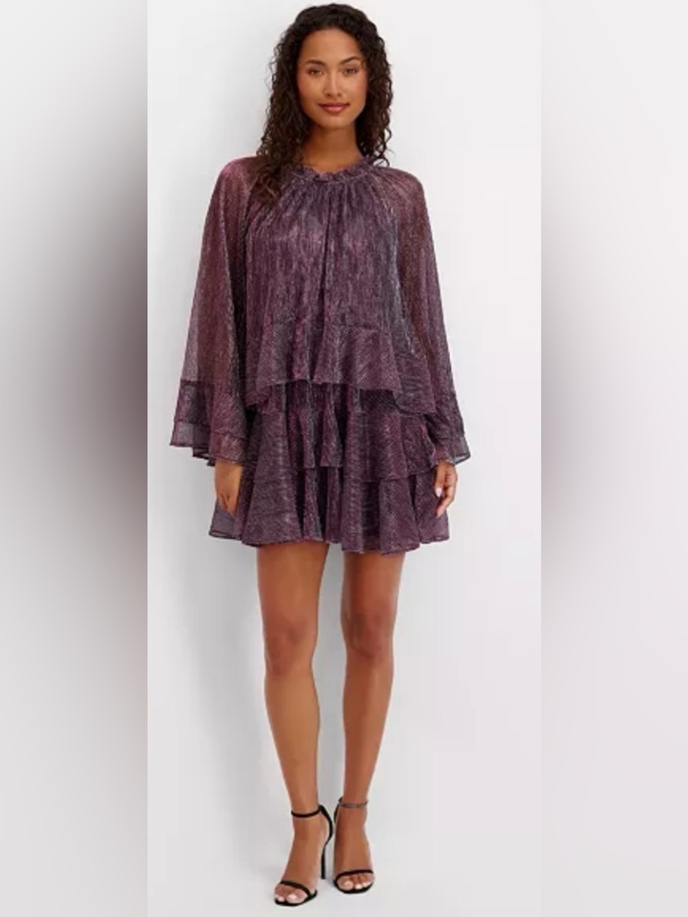NWT Kensie Shimmer Crewneck Tiered Mini Dress Purple Metallic Size 10